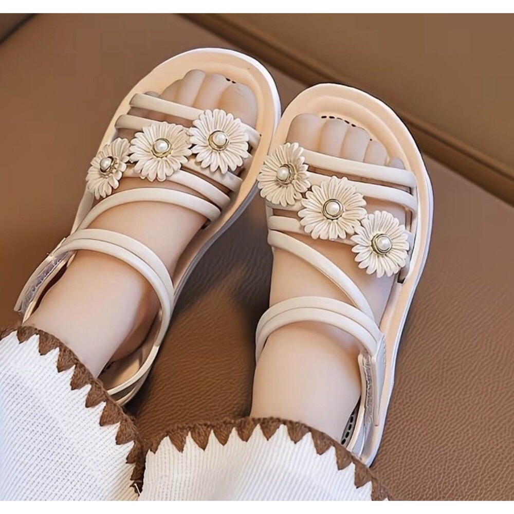 Girls PVC Sandals Size 12 Beige Floral Pearl Non-Slip Summer Shoes Hook & Loop - Picture 9 of 16